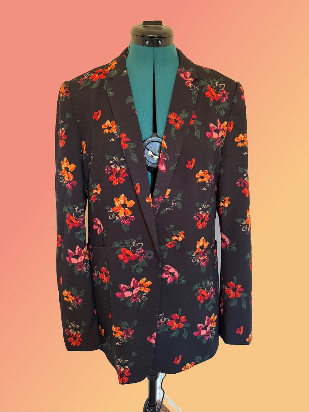 RW&CO. Black Floral Women's Blazer with Red, Orange and Pink Flowers